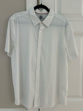 Men's Short-Sleeve White Button-Down Shirt with Micro Dot Print